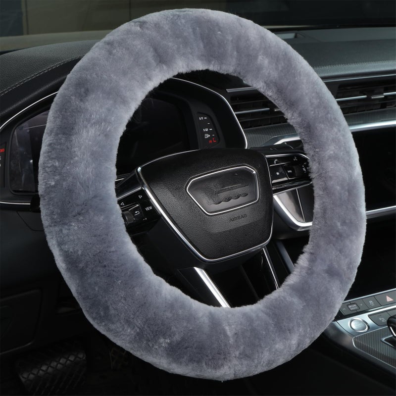 OGLAND Fuzzy Wool Sheepskin car Steering Wheel Cover for Girls Women Men,Fluffy Soft Protector for Universal Steering Wheel 14 1/2-15 1/2inchs, Anti-Slip,Comforting Luxurious(Blue Grey) - Image 1